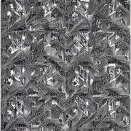 Image similar to a graphical pattern of white wolves into black geese by mc escher, aerial view, scared black geese, angry white wolves, hexagonal pattern, intricate details, screen print, frameless