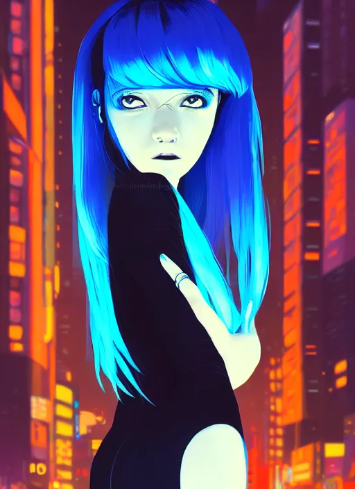 Image similar to digital illustrationportrait of cyberpunk pretty girl with blue hair, wearing a tight black dress, in city street at night, by makoto shinkai, ilya kuvshinov, lois van baarle, rossdraws, basquiat