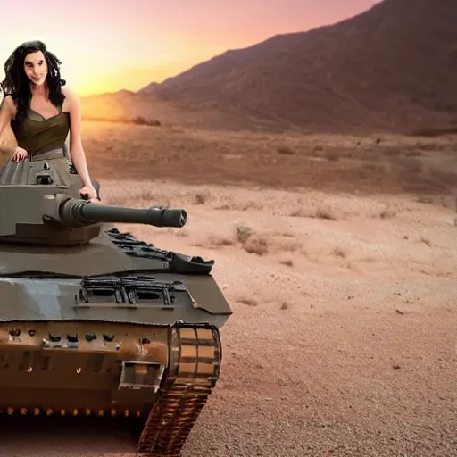 Prompt: Gal Gadot soldier of the IDF, sunset, next to an israeli tank