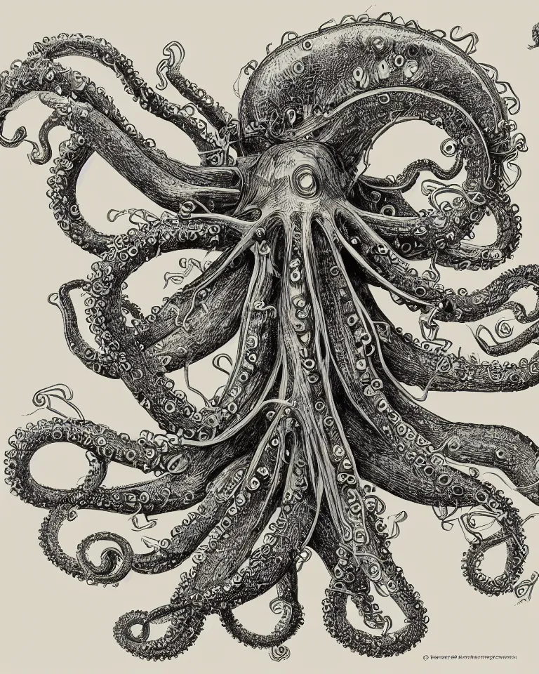 Prompt: a detailed scientific anatomical illustration of an alien cybernetic octopus