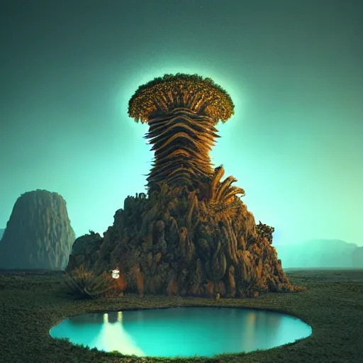 Image similar to monolith in a desert lush vegetation, warm tones, night, water reflection, bioluminescent translucent : : by michal karcz, daniel merriam, victo ngai and guillermo del toro : : ornate, dynamic, particulate, intricate, elegant, highly detailed, centered, artstation, smooth, sharp focus, octane render, 3 d