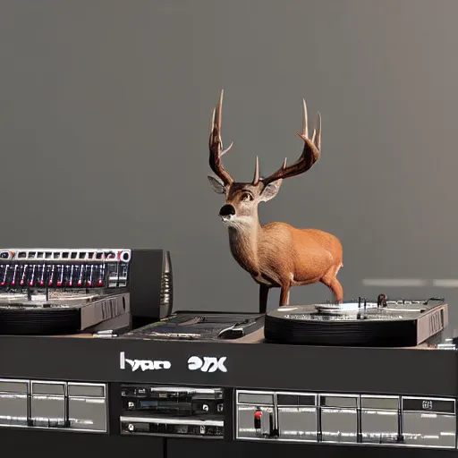 Prompt: “a deer dj behind the turntables octane render hyperrealism, dynamic lighting 8k”