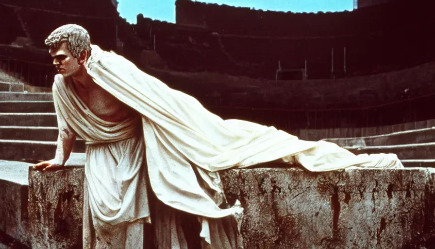 Image similar to 1 9 6 0 s movie still close - up of caligula in a white toga dead on the ancient amphitheater's stairs on a blood flaque, cinestill 8 0 0 t 3 5 mm, high quality, heavy grain, high detail, dramatic light, anamorphic, blood