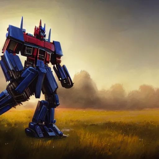 Prompt: optimus prime in a field, matte painting by greg rutkowski, artstation