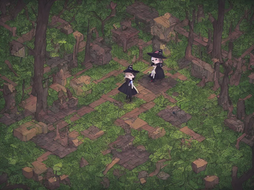 Image similar to cute fumo plush gothic witch girl exploring in the woods, isometric perspective, orthographic, tile map, vray