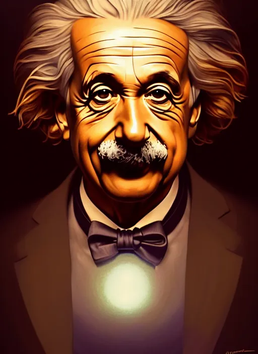 Image similar to symmetry!! portrait of albert einstein, cottagecore!! fitness body, glowing lights!! intricate, elegant, highly detailed, digital painting, artstation, concept art, smooth, sharp focus, illustration, art by artgerm and greg rutkowski and alphonse mucha