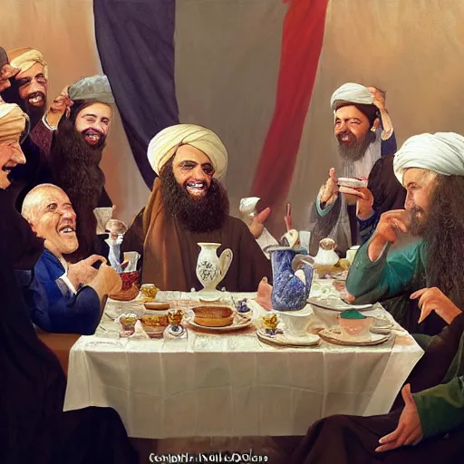 Prompt: a painting of joe biden laugh in tea party with taliban, ultra detailed face, body and gesture, justify content center, hyper realistic content, frontal hyperdetailed realistic content, sharp focus, intricate, dynamic composition, 2 colors, baroque, delete duplicate content