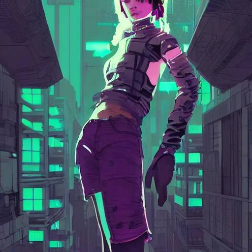 Image similar to Highly detailed portrait of a cyberpunk young lady with, freckles and cool hair by Atey Ghailan, by Loish, by Bryan Lee O'Malley, by Cliff Chiang, inspired by image comics, inspired by graphic novel cover art, inspired by nier!! Gradient purple, silver, black and white color scheme ((grafitti tag brick wall background)), trending on artstation