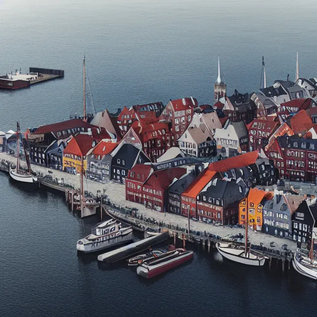 Prompt: copenhagen denmark with new england colonial buildings on a harbor, cinematic, volumetric, realistic, cinematic lighting, ray tracing, unreal engine 5, octane render, hyper realistic, photo, 8 k