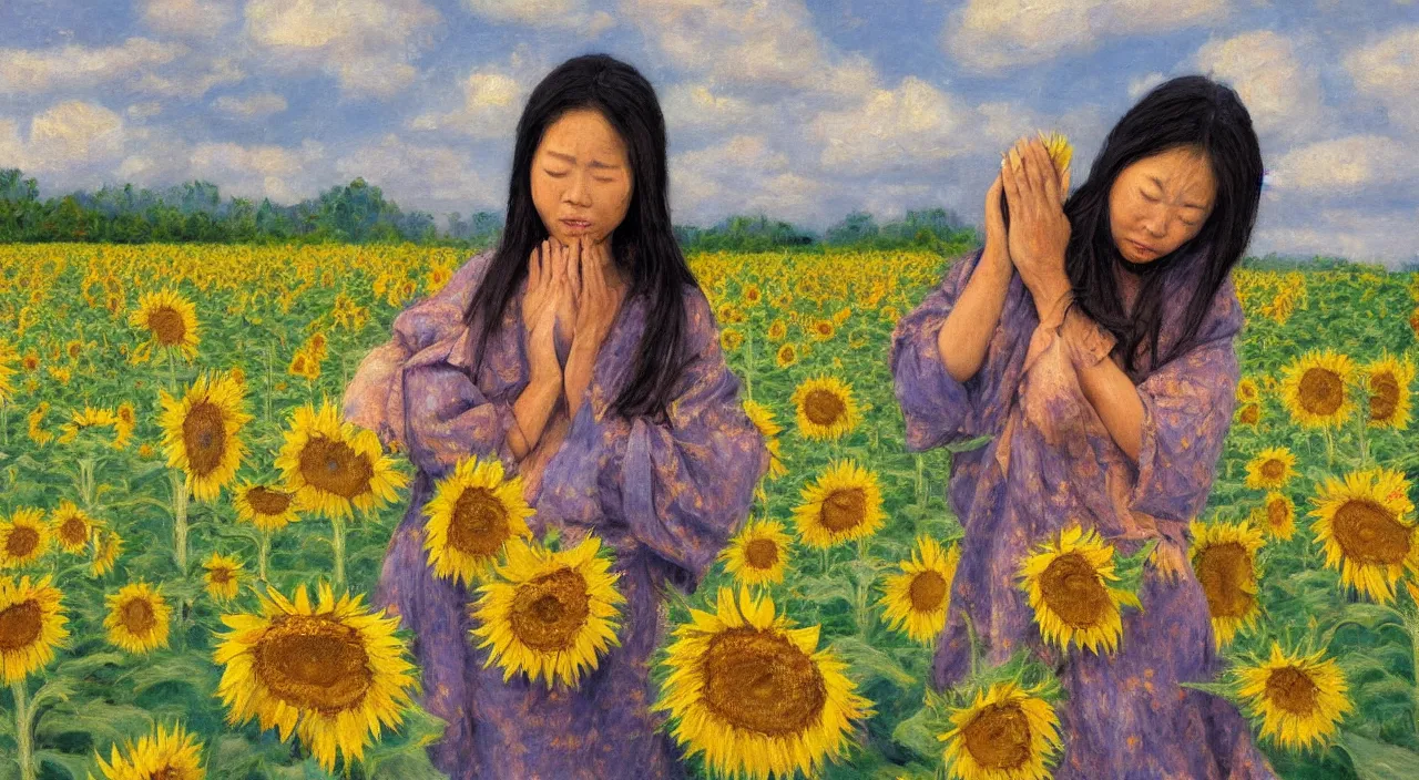 Image similar to impressionist style painting of asian woman crying with hands on broken back, field of sunflowers, overcast weather