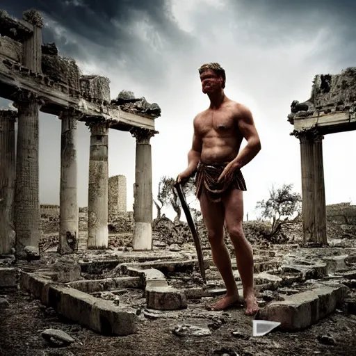 Image similar to portrait of Achilles holding a spear, standing in ruins, fallen columns, highly detailed face, tom chambers photography