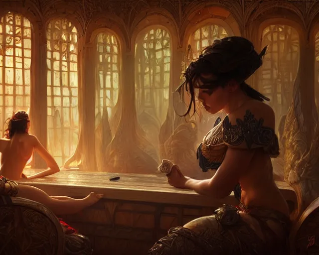 Image similar to two people in sauna, deep focus,, fantasy, intricate, elegant, highly detailed, digital painting, artstation, concept art, matte, sharp focus, illustration, hearthstone, art by artgerm and greg rutkowski and alphonse mucha