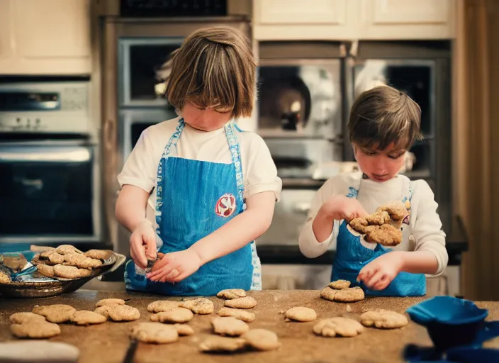 Prompt: a 3 5 mm photo from the back of a family making cookies, splash art, movie still, bokeh, canon 5 0 mm, cinematic lighting, dramatic, film, photography, golden hour, depth of field, award - winning, anamorphic lens flare, 8 k, hyper detailed, 3 5 mm film grain