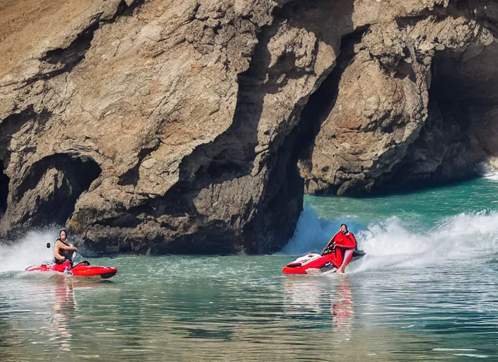 Image similar to angry fat lifeguard with a beard on jet ski yelling at people on the rocks at the thousand steps sea cave in laguna beach 2 0 1 3 summer