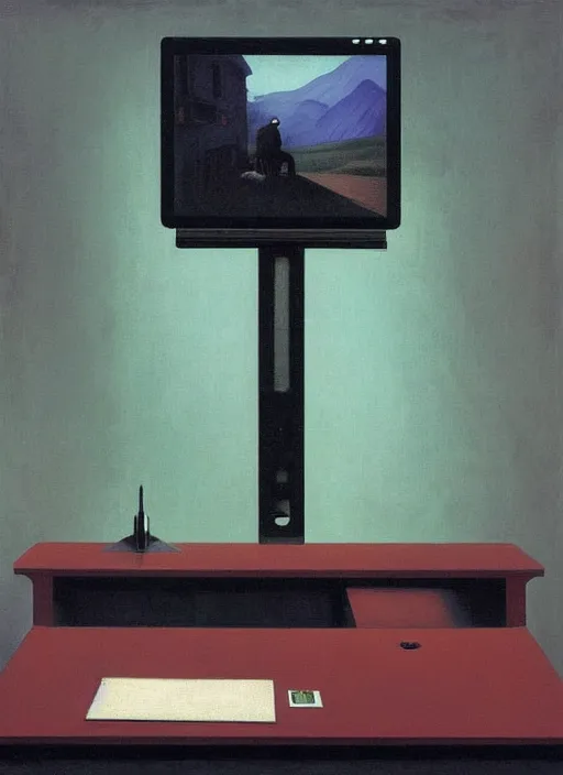 Image similar to A desk holding a computer monitor mouse monitor and keyboard with the tower sitting on the floor, Edward Hopper and James Gilleard, Zdzislaw Beksinski, Mark Ryden, Wolfgang Lettl highly detailed