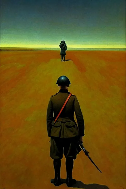 Image similar to world war 1 soldier goes into horizon, edward hopper and james gilleard zdzislaw beksisnski higly detailed