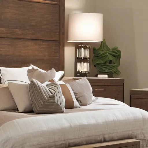 Prompt: award-winning catalog photo modern roman-style columnar headboard master bedroom