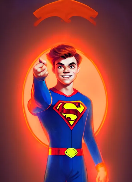 Image similar to kind teenage archie andrews wearing an orange superhero costume, superhero costume with heart emblem, cape, intricate, elegant, glowing lights, highly detailed, digital painting, artstation, sharp focus, illustration, art by wlop, mars ravelo and greg rutkowski