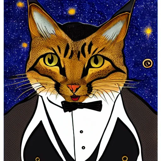 Prompt: in the style of starry night, d & d style full body portrait, tabaxi male in a tuxedo, in the style of starry night.