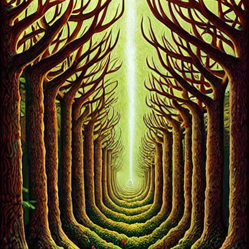 Image similar to an ancient druidic village in the woods, painting by jeffrey smith