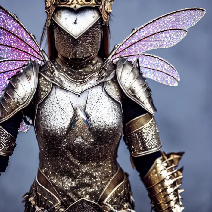 Image similar to full body photo of a fairy warrior wearing sparkly armour, highly detailed, 4 k, hdr, smooth, sharp focus, high resolution, award - winning photo