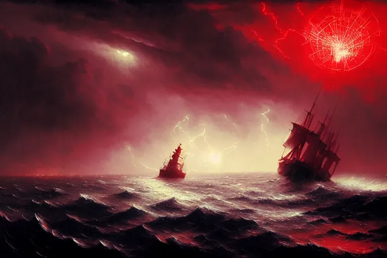 Image similar to A beautiful matte painting of huge spherical alien spaceship attacking with powerful red lasers a Sailship in ocean in thunderstorm by Greg Rutkowski and Ivan aivazovsky