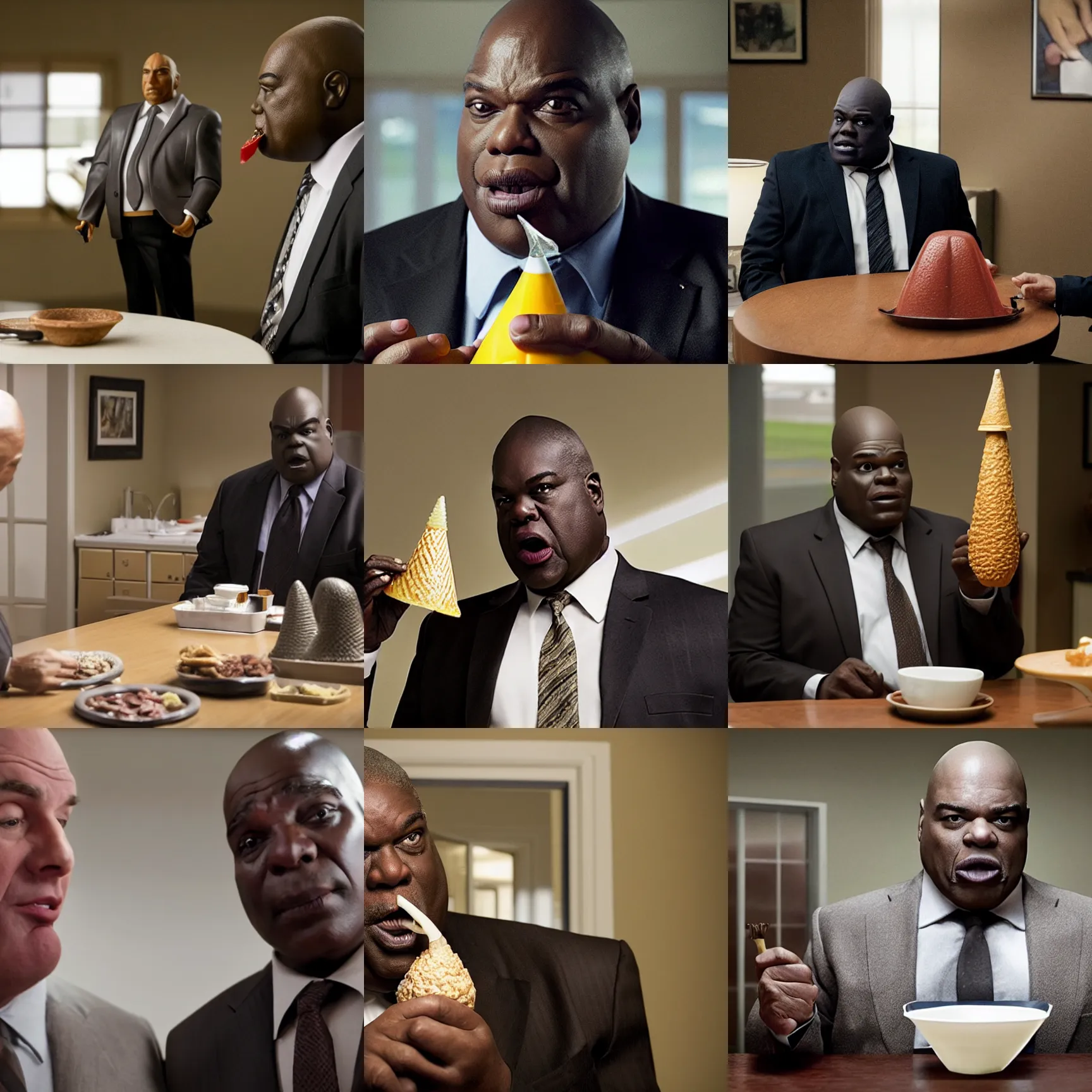 Prompt: huell babineaux, with a cone - shaped head, eating a kim wexler figurine, still from better call saul, black and white