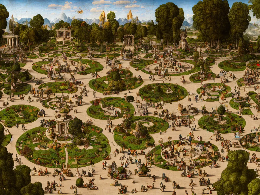Prompt: a busy elaborate ornate outdoor park designed by leonardo da vinci, cinematic, shadows, partly cloudy day, 4 k, detailed, by