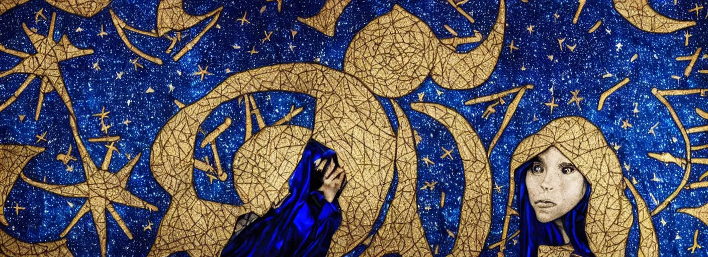 Prompt: the longest night, cloaked dark night, astronomical star constellations and watch gears, moon and candle, awardwinning portrait photography, ultramarine blue and gold, intricate stained glass
