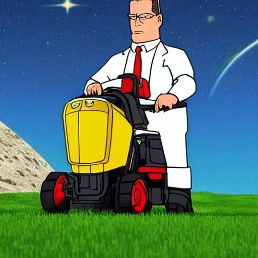 Prompt: photorealistic Hank hill from “King of the Hill” wearing a full suit of medieval armor, riding a lawnmower on the moon, National Geographic photo