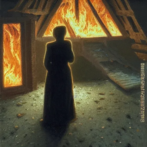 Image similar to a mysterious woman standing in front of a burning stone house with a wooden roof. Nighttime, embers everywhere, backlit, in the style of Donato Giancola