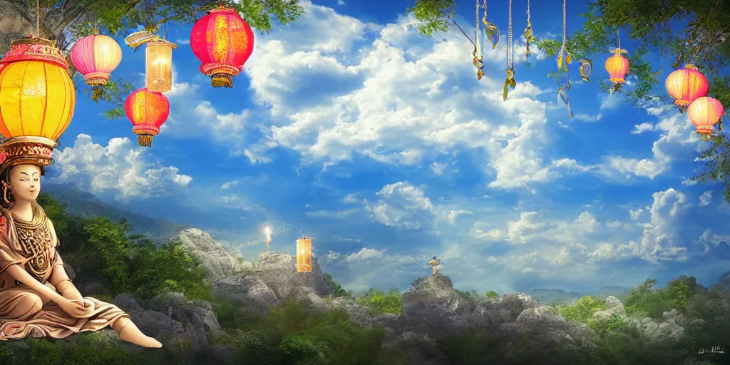 Image similar to wind deity enjoying the view from his stone heavenly palace, decorated with windchimes and paper lanterns, stunning nature and clouds in background, digital art, detailed