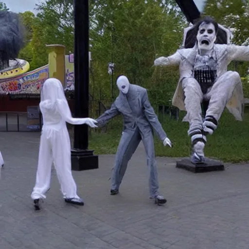 Prompt: the ghost of michael jackson haunting an amusement park, horror scene, hyper realistic