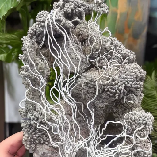 Image similar to realistic detailed silver wire sculpture of a coral reef