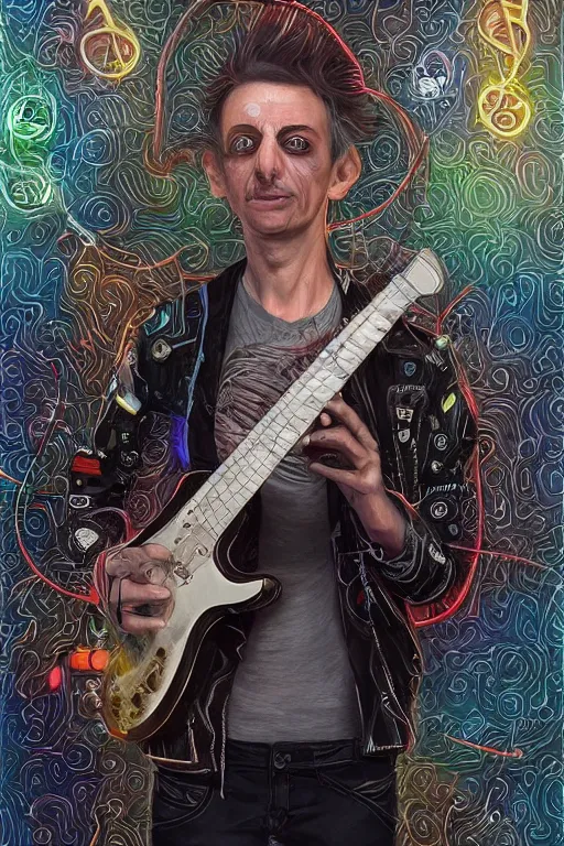 Prompt: portrait of a jewish punk playing an electronic!!-musical-instruments, intricate, stunning, highly detailed, digital painting, artstation, concept art, smooth, sharp, focus, illustration, neural implant designed by michael whelan, inside an a space station recording studio filled with strange surrealist detailed alien electronic and acoustic musical-instruments!! with blinking LEDs and oscilloscopes on screens in detailed alien interiors, backlit fog, designed by Larry Elmore Kerlaft and Pixar, photorealistic, 3d render, award winning render, unreal engine, octane render, studio lighting, 8k, hd