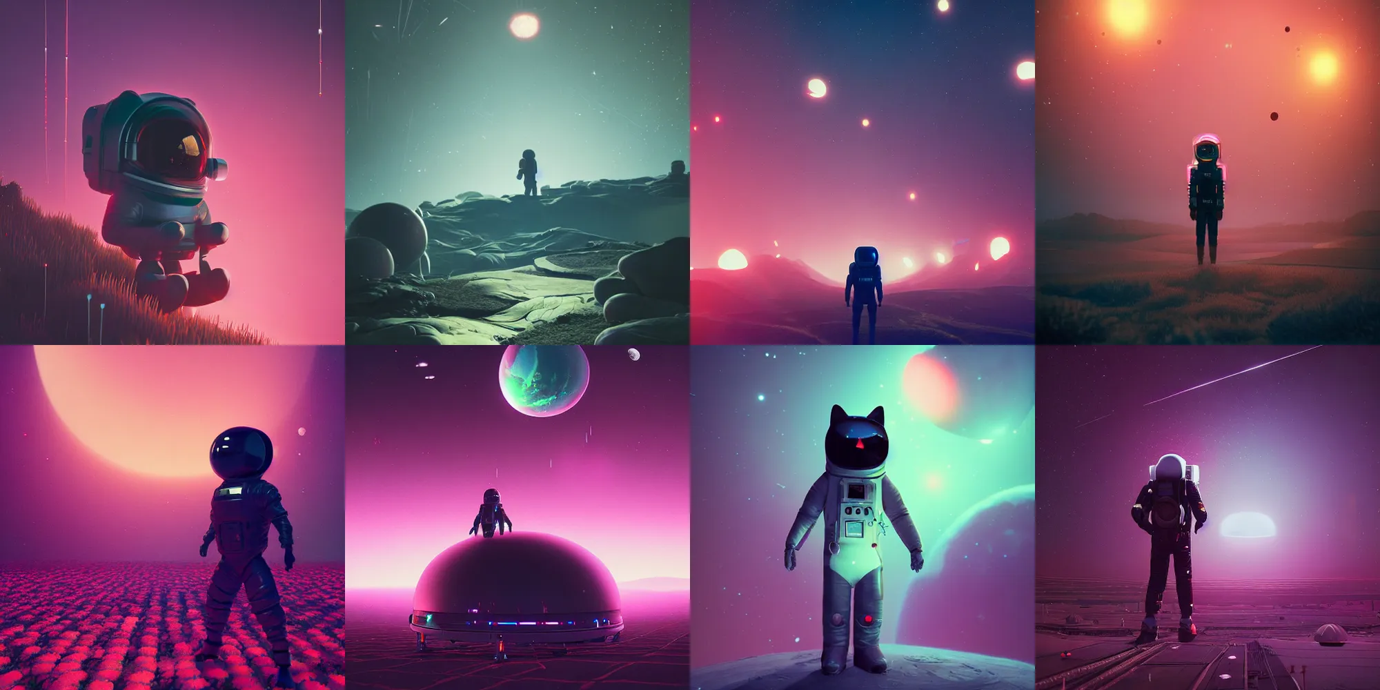 Prompt: beautiful dark landscape, black cat astronaut, beautiful flowers, in the style of beeple and mike winkelmann, intricate, epic lighting, cinematic composition, hyper realistic, 8 k resolution, unreal engine 5, raytracing, ultraviolet colors,