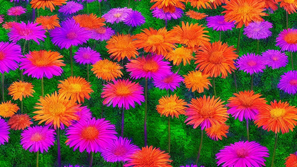 Image similar to digital illustration of a forest of towering multi - colored gerber daisy megaflowers by dr. seuss, reimagined by ilm and beeple : 1 | megaflora, spectral color, electric color, rolling hills : 0. 9 | fantasy : 0. 9 | unreal engine, deviantart, artstation, hd, 8 k resolution : 0. 8