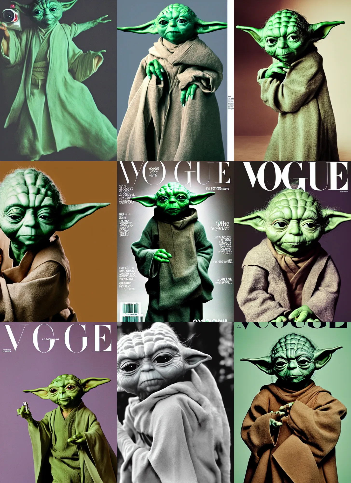 Prompt: a photograhpy of yoda posing for a vogue cover