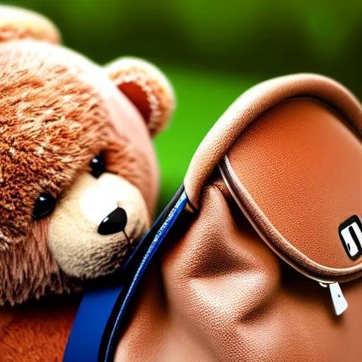 Image similar to a teddy bear with a backpack walking to school, photorealistic, close-up, 8K, 3D