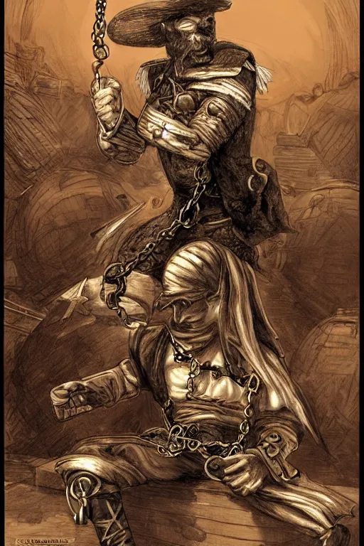 Prompt: aesthetic digital illustration of a pirate wearing a ball and chain by miyamoto and alex horley - orandelli, sitting in a prison, centered, concept art, deviantart