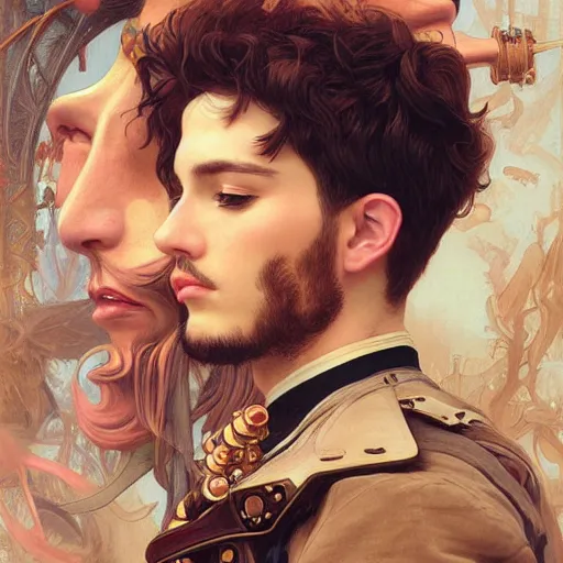 Image similar to a portrait painting of a fantasy steampunk male, highly detailed, art by tristan eaton and artgerm and william - adolphe bouguereau