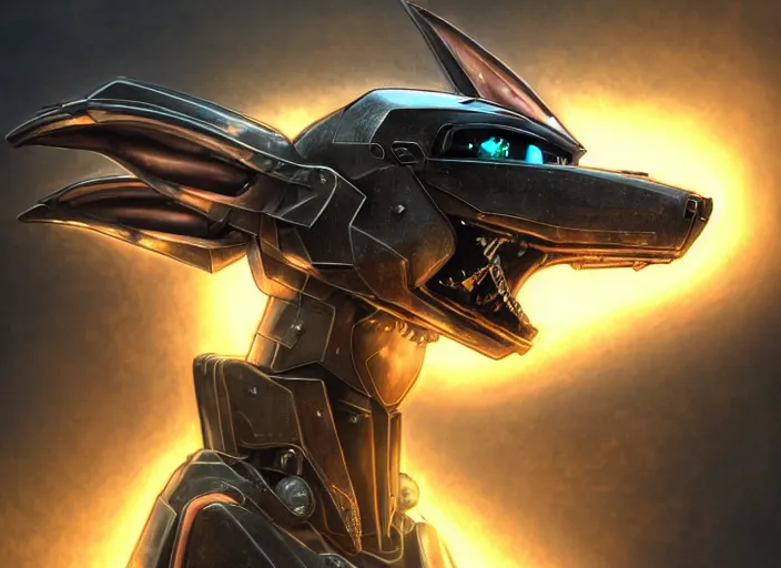 Image similar to hyper realistic, epic, highly detailed cinematic shot of a gigantic feral robot mecha canine, sharp dragon claws, detailed glowing head, metal ears, cannon mounted on back, sleek armor, glowing visor, detailed sharp claws, digital art, furry art, macro art, dragon art, furaffinity, deviantart, sofurry