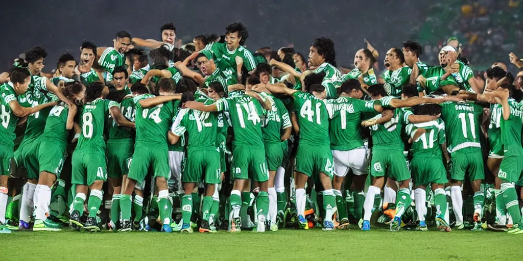 Prompt: the soccer team palmeiras losing the world tournament in a humiliating defeat, ultra wide angle, 8 k, ultra _ realistic