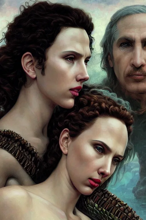 Prompt: A fantasy comic book style Oil Painting portrait of Scarlett Johansson and Gal Gadot, as Atlantean Reptilian Warriors, Mystical Valkyrie, unreal 5, DAZ, hyperrealistic, octane render, Regal, Refined, Detailed Digital Art, RPG portrait, William-Adolphe Bouguereau, Michael Cheval, Walt Disney (1937), François Boucher, Steampunk, Josephine wall, dynamic lighting, Highly Detailed, Cinematic Lighting, Unreal Engine, 8k, HD