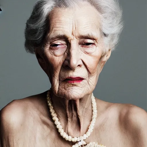 Prompt: a muted colors natural make-up portrait Photograph of an elderly model, editorial story, Vogue Italy, editorial photography