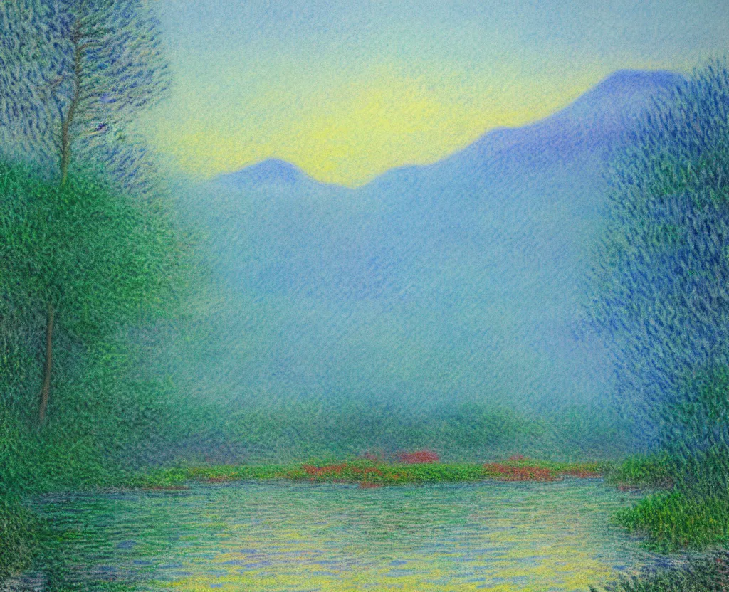 Prompt: a landscape pastel in the style of noriyoshi ohrai and monet of a blue reflective path to some misty mountains in the background. along the path stands pillars that reflect in the water. key art. 4 k fantasy