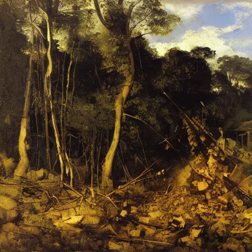 Prompt: gustave courbet painting of rob cross tearing down a forest in a jcb digger