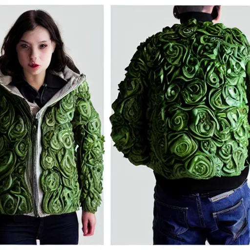 Image similar to jacket made out of cabbage, photorealistic, studio, detailed