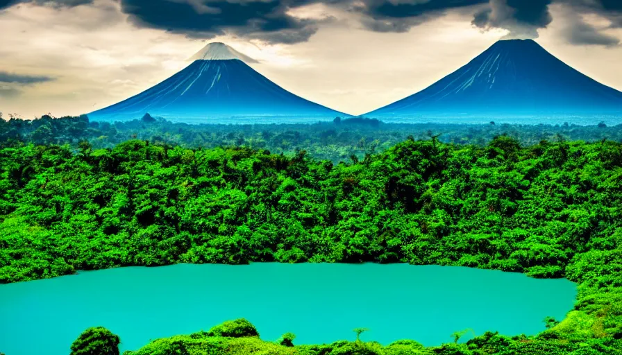 Image similar to a beautiful green scene, guatemalan lake full of bright blue water, volcano in background, high definition, beautiful award winning photography, 8 k.