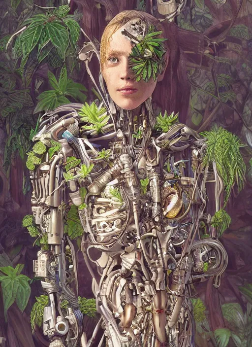 Prompt: hyper - detailed fine painting of a humanoid cyborg half cybernetic and half made of plants and wood, concept art magical highlight